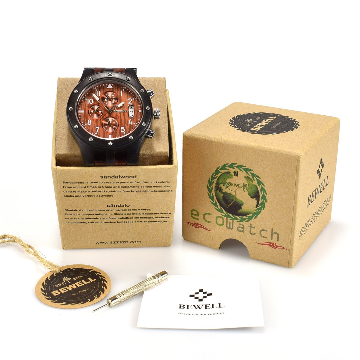 BEWELL W109D Sub-dials Wooden Watch Quartz Analog Movement Date Wristwatch for Men BEWELL