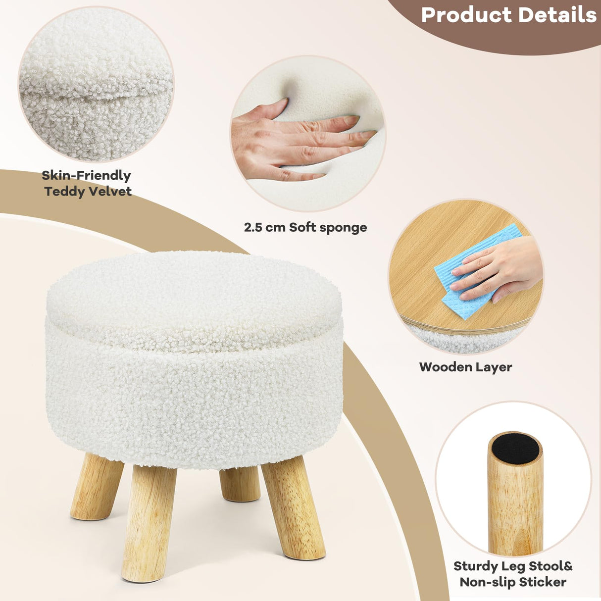 OGEMXU Ottoman Foot Rest, Small Round Ottoman with Storage, Boucle Teddy Velvet Footstool with Wood Legs, Soft Sponge Storage Ottoman for Living Room, Bedroom, Couch, Enterway (Cream) OGEMXU