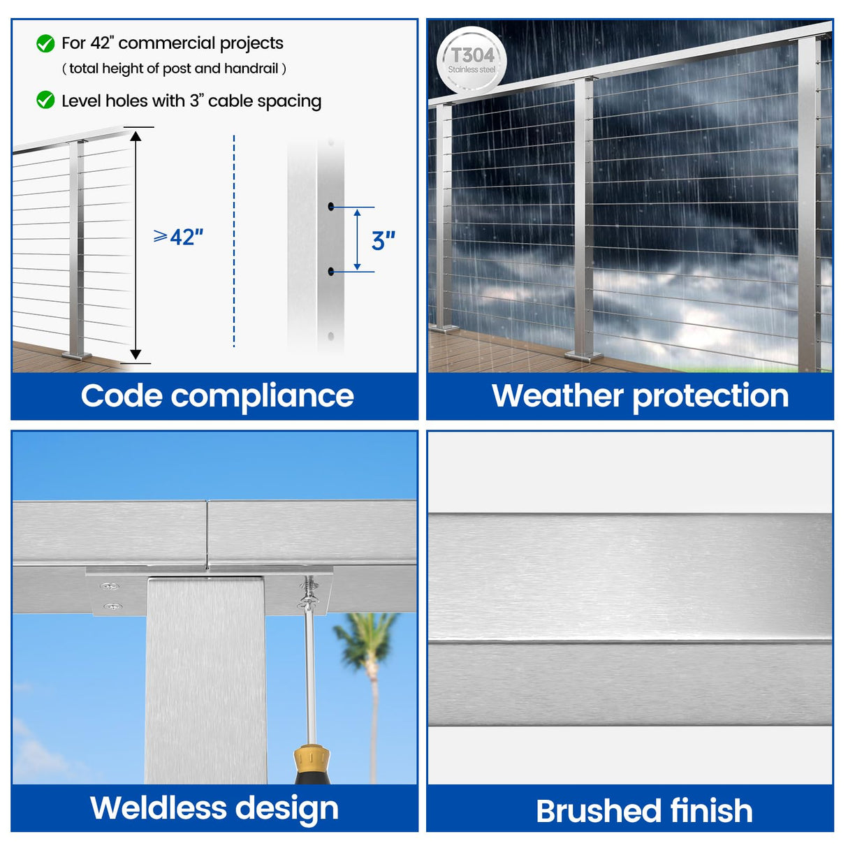 Muzata Cable Railing Post 42 Inch 42"x2"x2" Level Drilled Surface Mount Brushed T304 Stainless Steel Cable Railing System Kit Indoor Outdoor with Paper User Guide PS02 LH4L Muzata