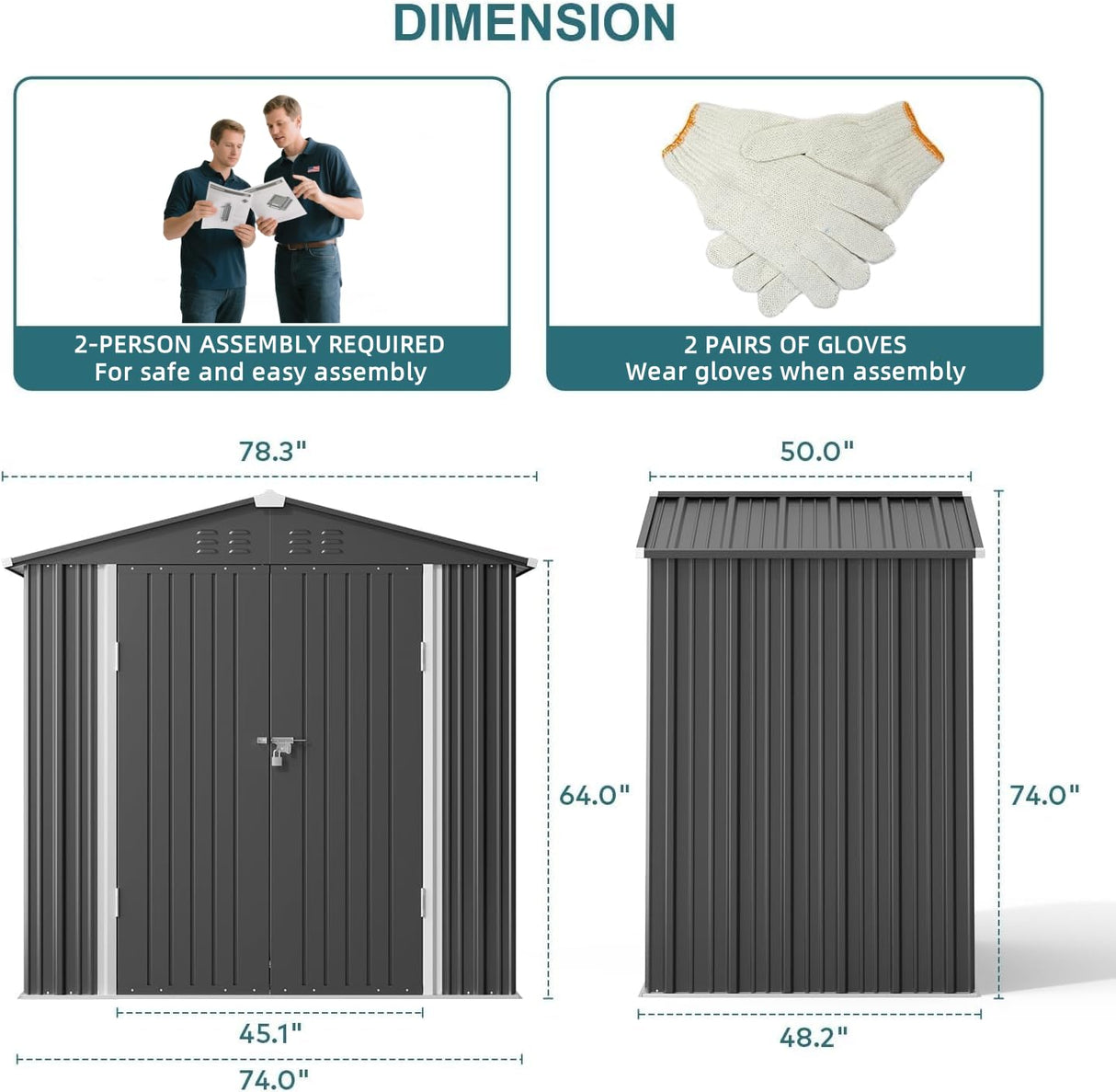 Gizoon Outdoor Storage Shed 6 x 4 FT, Galvanized Metal Garden Shed with Double Lockable Doors, Outdoor Storage Clearance for Backyard Patio Lawn-Dark Grey Gizoon