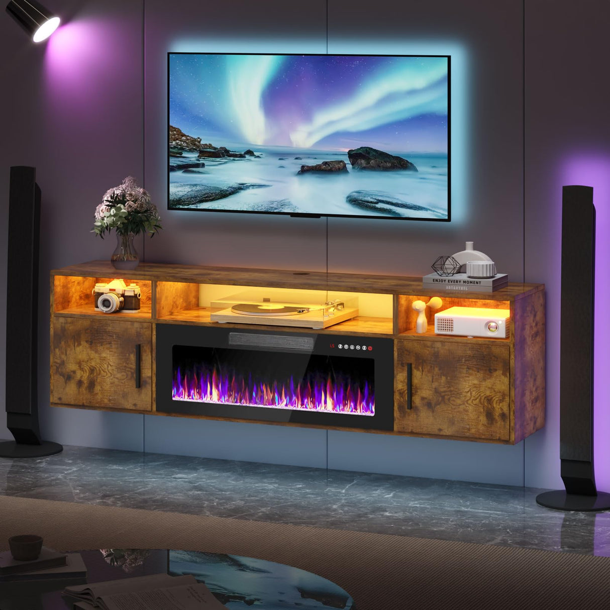 PRETZI Floating Fireplace TV Stand, 70" Wall Mounted Entertainment Center with 36" Fireplace for TVs Up to 80", LED Modern Wood TV Console with High Gloss Cabinet for Living Room (Brown) PRETZI