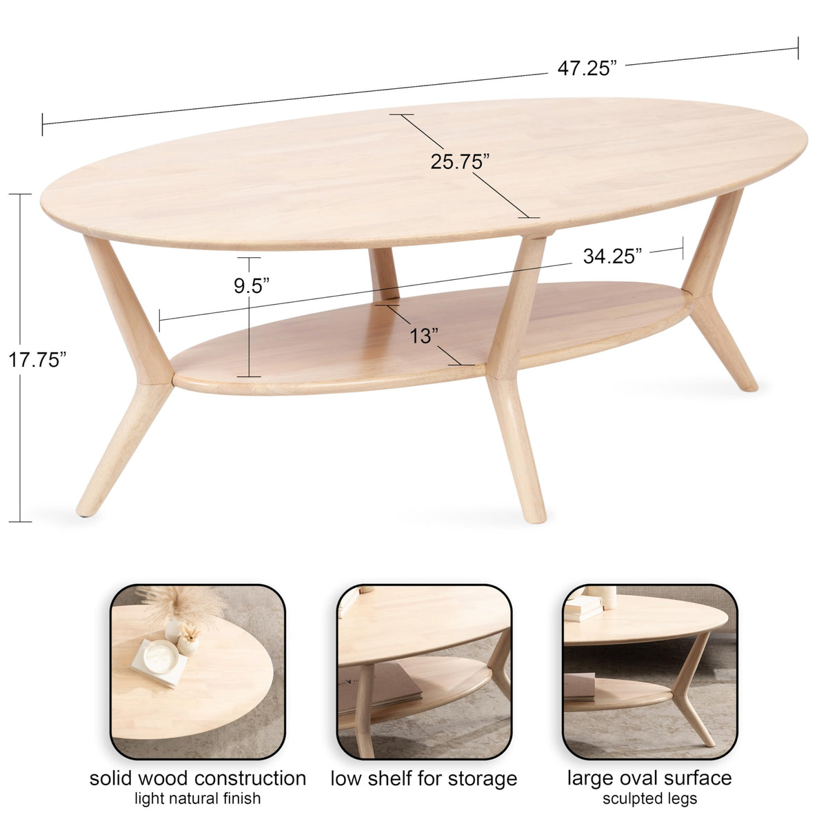 Kate and Laurel Nylah Oval Wooden Coffee Table; 48 x 26 x 18; Light Natural; Transitional Tiered Living Room Table with Solid Wood Construction and Sculptured Dowel Legs Kate and Laurel