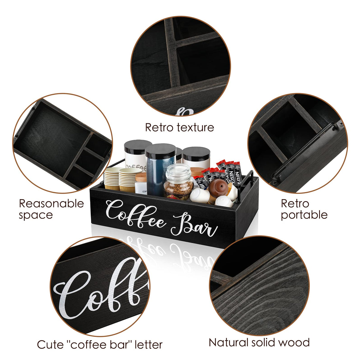 Coffee Station Organizer Wooden Coffee Bar Organizer for Countertop, Coffee Bar Accessories Organizer Farmhouse Kcup Coffee Pod Holder Storage Basket with Handle - Black MINCORD