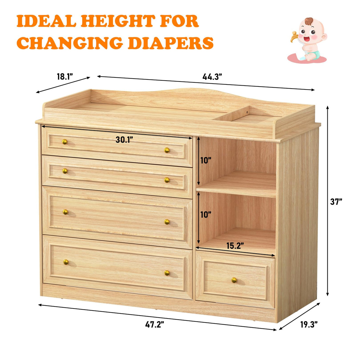 St.Mandyu Wood Changing Table Dresser, Baby Nursery Dresser, Baby Diaper Changing Table, 5 Drawers, Adjustable Shelves, Metal Handle, Curved Wrapping Design, Nature St.Mandyu