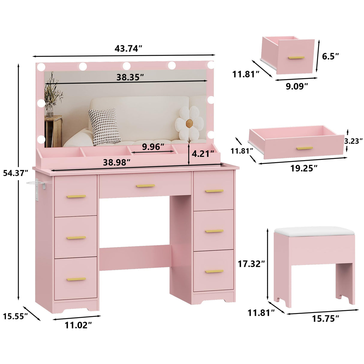 Makeup Vanity Desk with RGB LED Lights,Glass Top Vanity Desk with Mirror and Lights & Charging Station, 5 Drawers Vanity Mirror with Lights Desk and Chair for Women 3 Lightings Mode Adjusted, Pink HUANLEGO