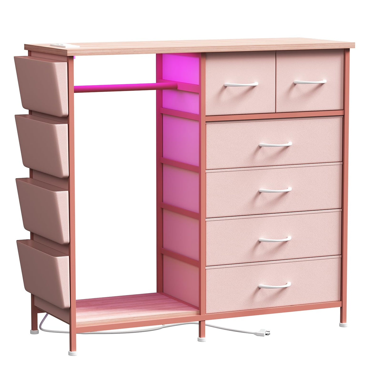 WODRAWER 6 Drawer Dresser for Bedroom with Clothes Rack, Clothes Dresser with Side Pockets and Hooks, Charging Station & LED Lights, Wooden Top, Fabric Storage (Pink) WODRAWER