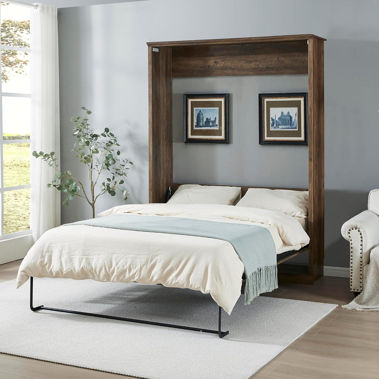 MERITLINE Queen Size Murphy Bed with USB Port,Wood Folding Brown Murphy Wall Bed Cabinet MERITLINE