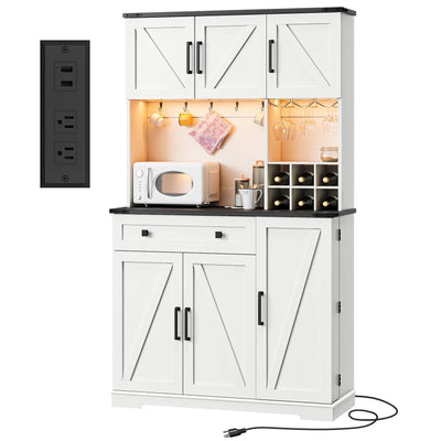 Dripex 71" Pantry Cabinet with Charging Station, Farmhouse Kitchen Pantry Storage Cabinet with Outlet & LED Light, Microwave Stand, Tall Kitchen Hutch with Storage for Dining Room, Living Room, White