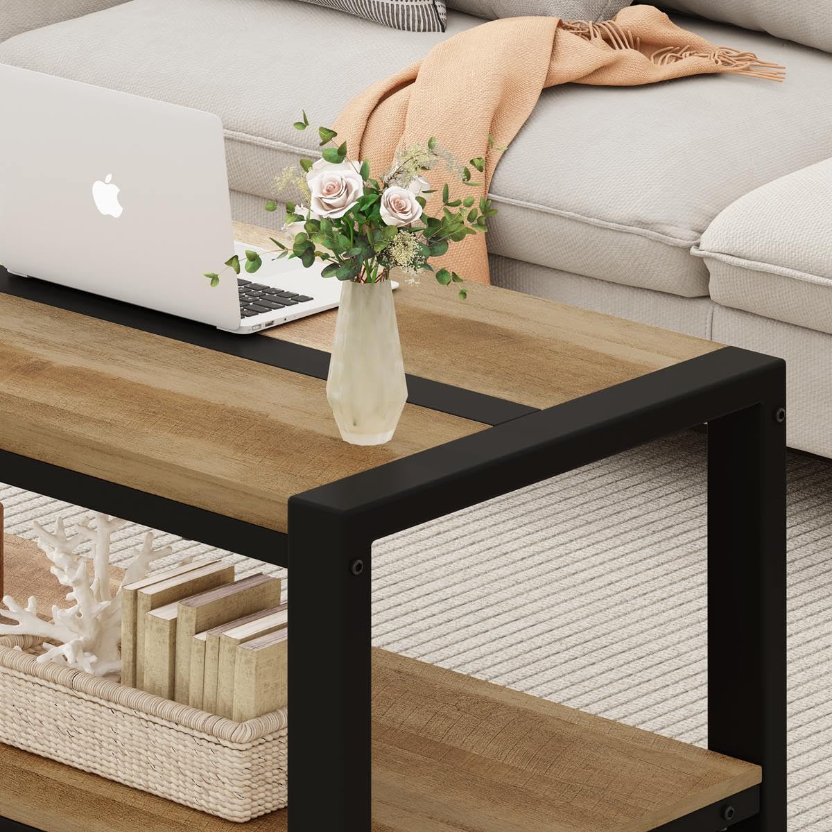 BON AUGURE Industrial Coffee Table, Wood Metal Coffee Tables for Living Room, Farmhouse Rectangle Center Tables, Modern Living Room Table (Vintage Oak, 43 Inch) BON AUGURE