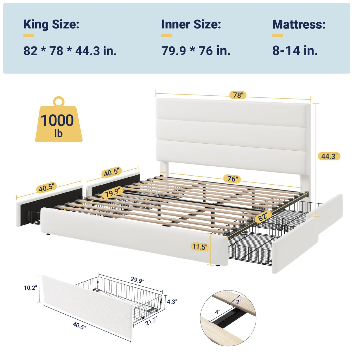 Allewie Modern King Size Platform Bed Frame with 4 Storage Drawers and Velvet Upholstered Headboard, Wooden Slats Support, Upholstered Mattress Foundation/No Box Spring Needed/Easy Assembly, White Allewie