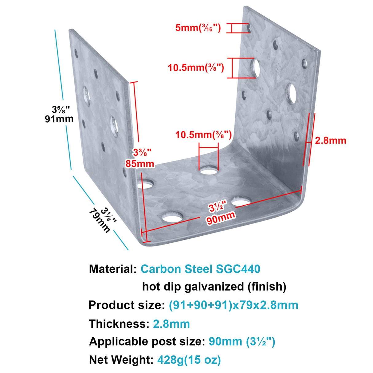 eoere 4 PCS Half Post Base, Fit 4 x 4 Post Anchor Connector, Deck Framing Brackets Support, Inner Size 3-1/2", Thickness 1/2" eoere