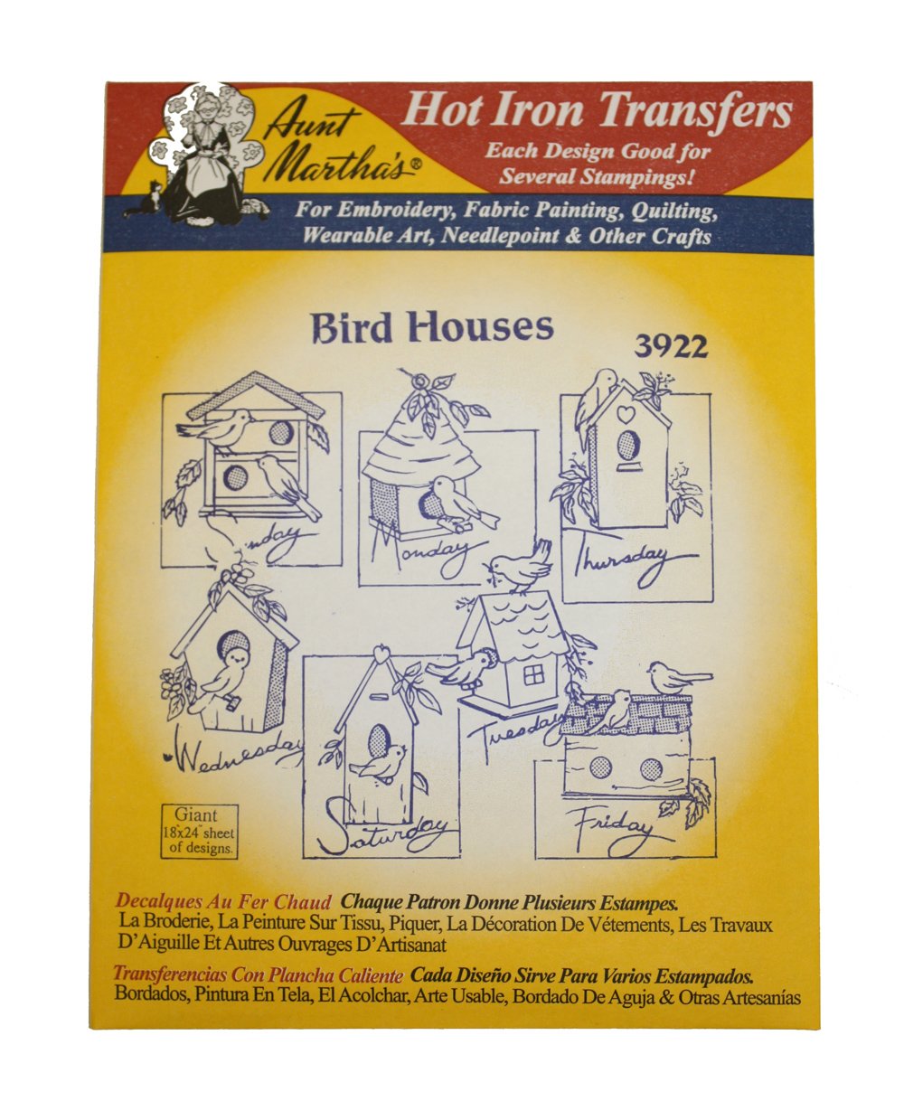 Aunt Martha's Iron On Transfer Patterns for Stitching, Embroidery or Fabric Painting, Days of the Week Patterns, Set of 5 Aunt Martha's