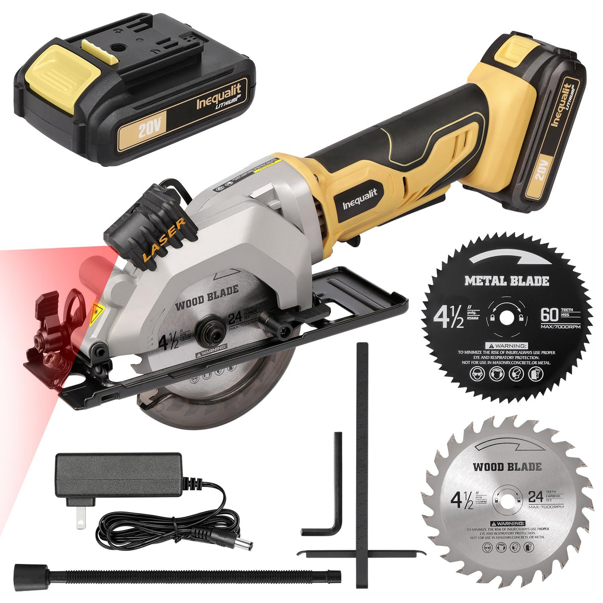 Inequalit 4-1/2 Inch Mini Circular Saw, 3400 RPM Cordless Circular Saw with Laser Guide, Rip Guides, 2 Blades (24T Wood + 60T Metal), Max Cutting Depth 1-11/16" (90°), 1-1/8" (45°)" Inequalit