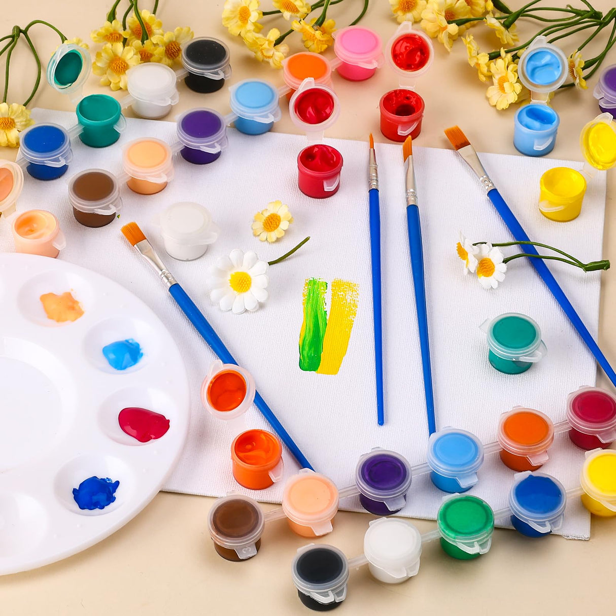 CHANGTIKEJI 23 PACK Washable Acrylic Paint for Kids Arts and Crafts, 23 Gouache Watercolor Paint Sets of 12 Colors for Party Classroom Painting Supplies, 23 Flat and 23 Pointed Brushes CHANGTIKEJI