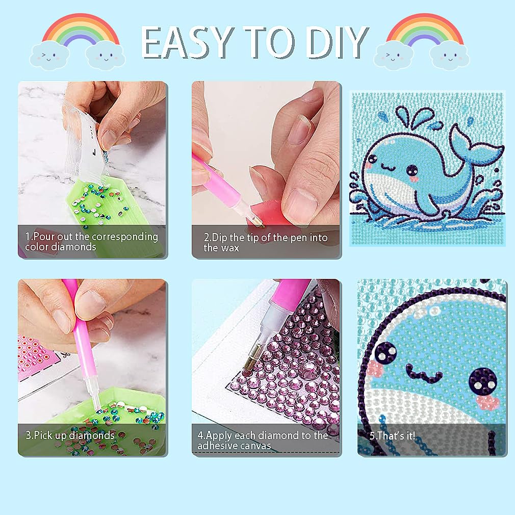 Canrichshop 4 Pack Cartoon 5D Diamond Painting for Kids,Cute Marine Animals DIY Painting Art Kit for Kids Ages 4-8-12 Mosaic Kits,Diamond Art Kid Present,Gem Paintings Full Drill 6x6 Inch Canrichshop