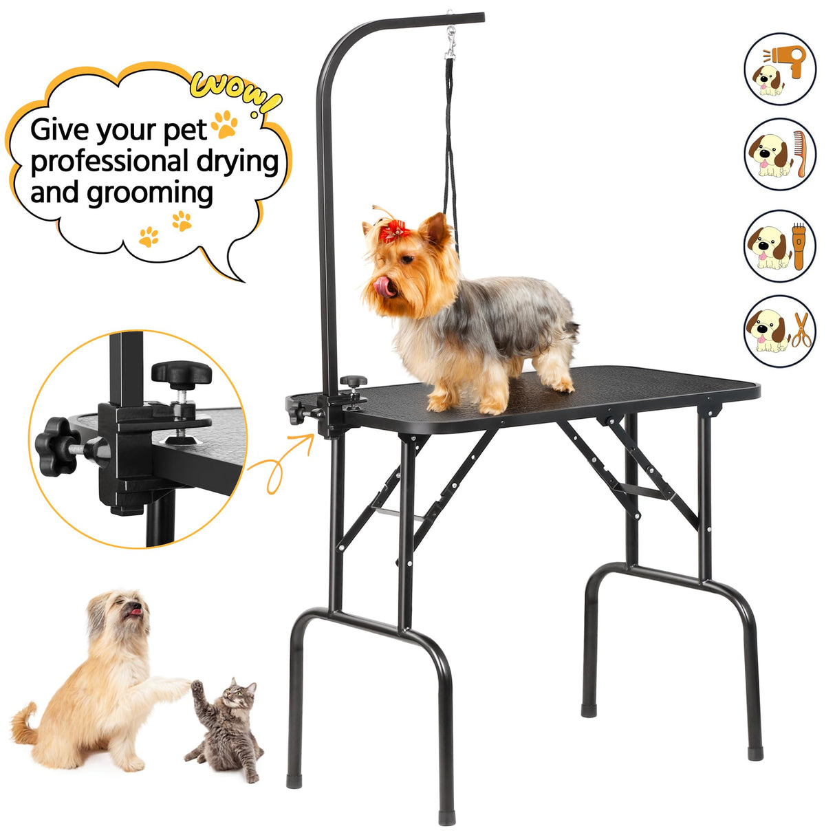 Yaheetech 32-inch Foldable Pet Dog Grooming Table with Adjustable Height Arm Drying Table for Home w/Noose for Small Dogs Cats Non-Slip Maximum Capacity Up to 220lbs Black Yaheetech