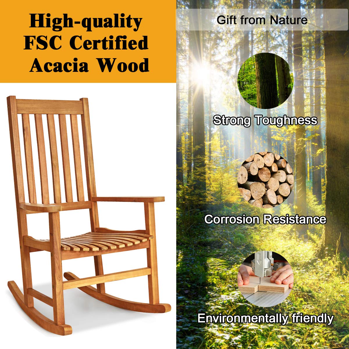 Tangkula Acacia Wood Porch Rocking Chair Set, Wooden Rocking Chair Rocker with High Back & Armrest for Indoor Outdoor Use, Patio Rocker for Garden Lawn Balcony Backyard Poolside (2, Teak) Tangkula