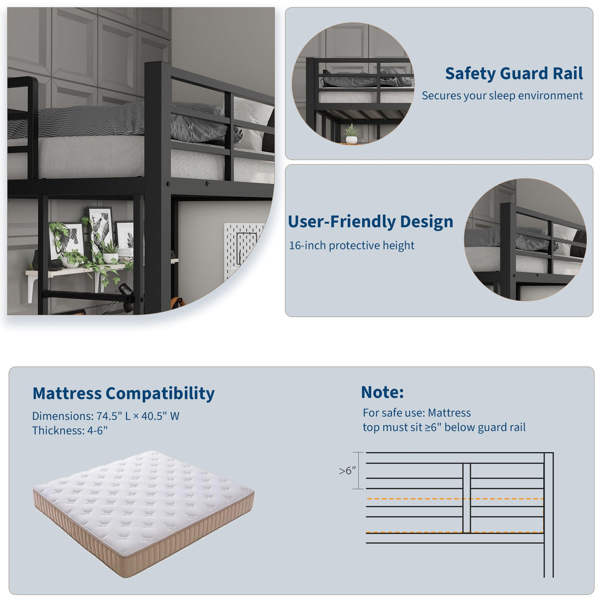 SLEKVERSA Twin Size Loft Bed with Large Desk and Storage Shelves, Metal Loft Bed with Safety Guardrail and Ladder for Kids and Adults, Space Saving, for Living Room, Bedroom, Black and Brown SLEKVERSA