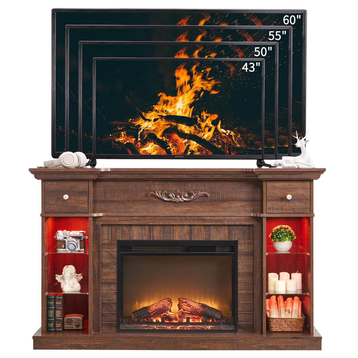 IFBUY 54" Farmhouse Electric Fireplace with Mantel, 33" Tall LED Fireplace TV Stand w/7 Lighting Colors, 23'' Freestanding Electric Fireplace Heater, Open Adjustable Shelves & Drawers, Brown IFBUY