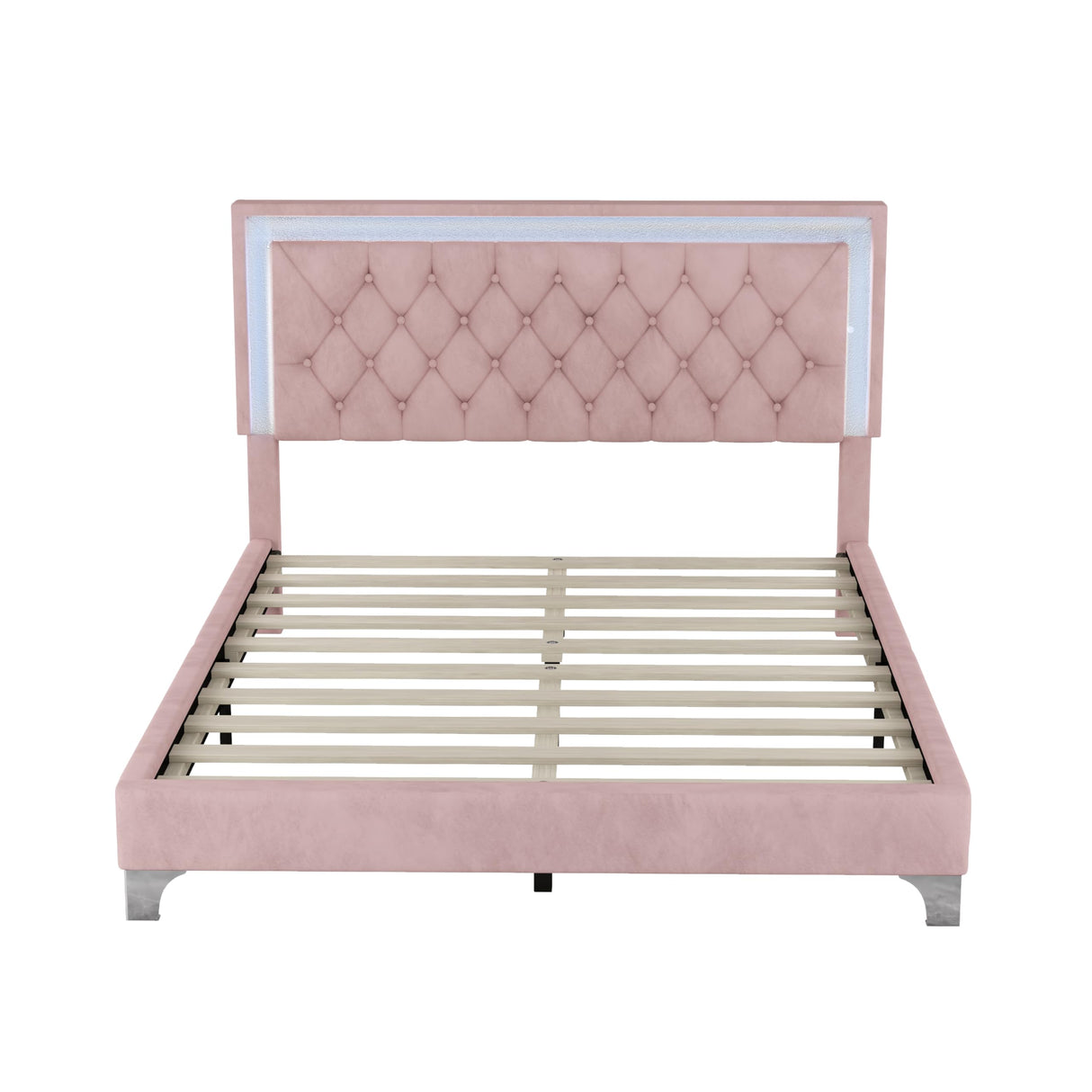 Merax Upholstered Platform Bed, Queen Size LED Velvet Fabric Wooden Bed Frame with LED Lights & Tufted Headboard for Bedroom, Wood Slat Support, No Box Spring Needed, Easy Assembly (Pink) Merax