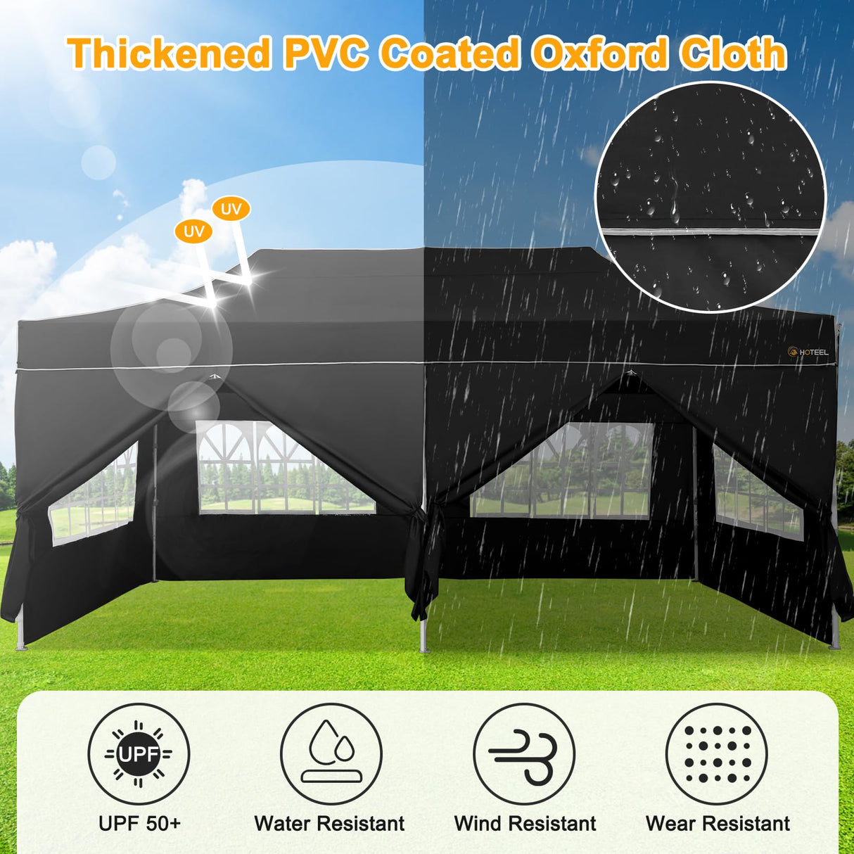 HOTEEL 10x20 Heavy Duty Pop Up Canopy Tent with Sidewalls, Commercial Outdoor Canopy Tents for Parties Event Wedding with Roller Bag, Waterproof & UV 50+, Upgraded Thickened Hexagonal Legs, Black Hoteel