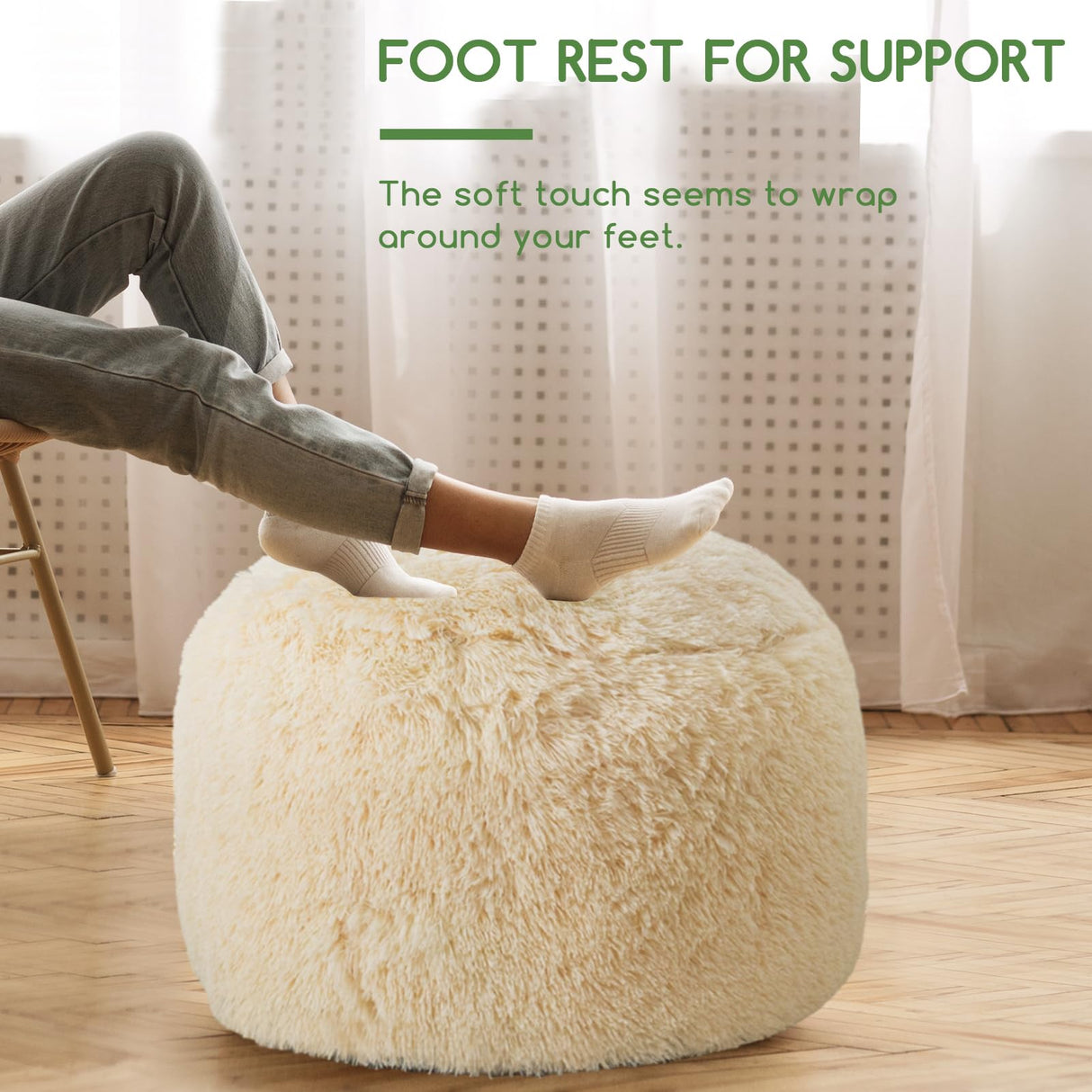 HIGOGOGO Round Stuffed Pouf Ottoman, Long Faux Fur Poufs with Foam Chunk Filling, Fluffy and Furry Pouf Foot Stool Storage Ottoman, 26 X 18 Floor Poufs Foot Rest for Living Room, White HIGOGOGO