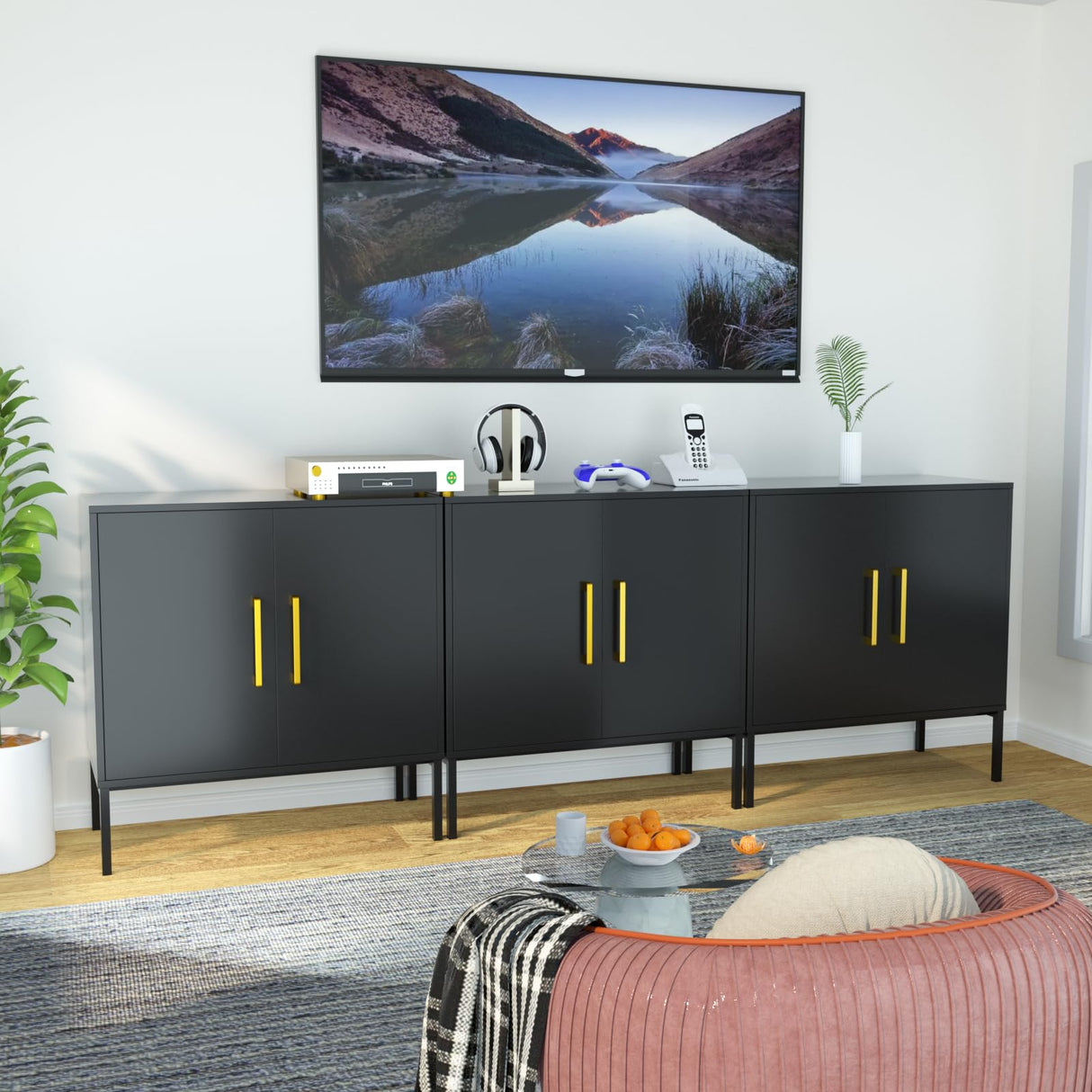 JOZZBY Buffet Cabinet with Storage, Accent Cabinet Modern Wooden Free Standing Sideboard with Adjustable Shelves, Black Side Cabinets for Living Room, Hallway, Set of 3 JOZZBY