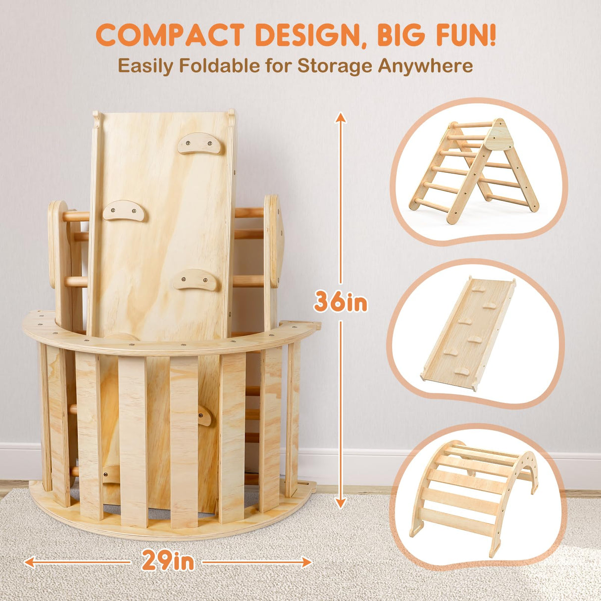 Pikler Triangle Set for Baby Climbing Toys 7 in 1 Foldable Wooden Montessori Climbing Set Indoor Playground for Kid with Arch-Ramp-Ladder Indoor Jungle Gyms for 1-3 Toddlers Fostoy