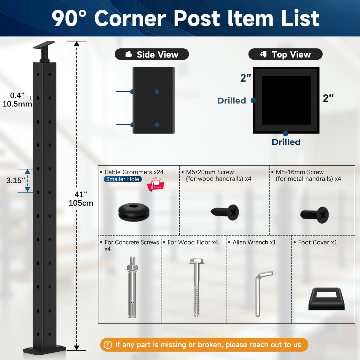 Gyykzz 42" Corner Post Cable Railing, 90° L-Drilled Black Corner Post with Cable Grommet, T304 Stainless Steel Cable Handrail Angle Post, Adjustable Top Metal Corner Post for Deck Railing System Gyykzz
