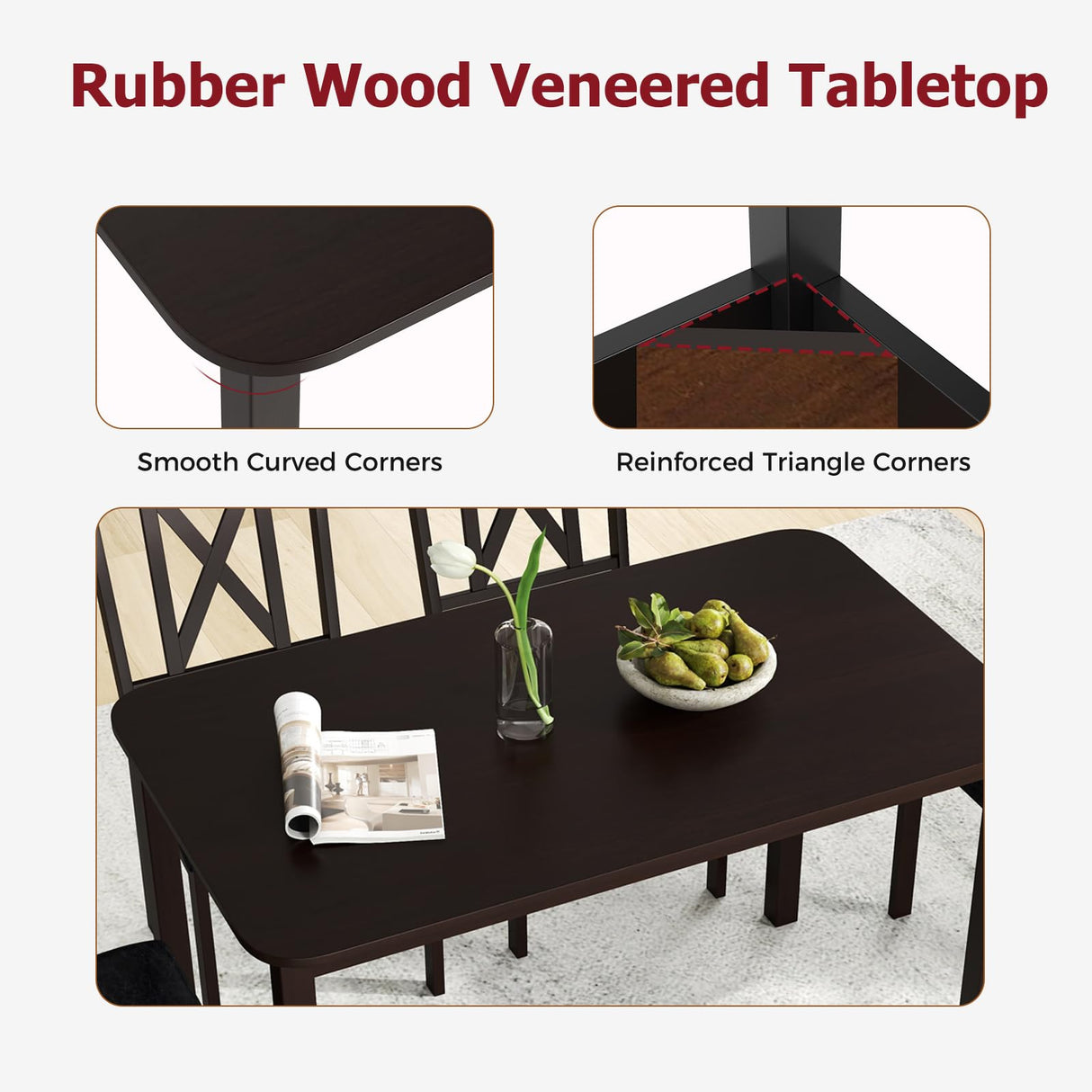 Tangkula 47" Dining Table Set for 4, Farmhouse Solid Wood Dinette Set w/Rubber Wood Legs, 4 Padded Chairs, Mid-Century Modern Dining Table and Chairs Set for Kitchen, Dining Room Tangkula