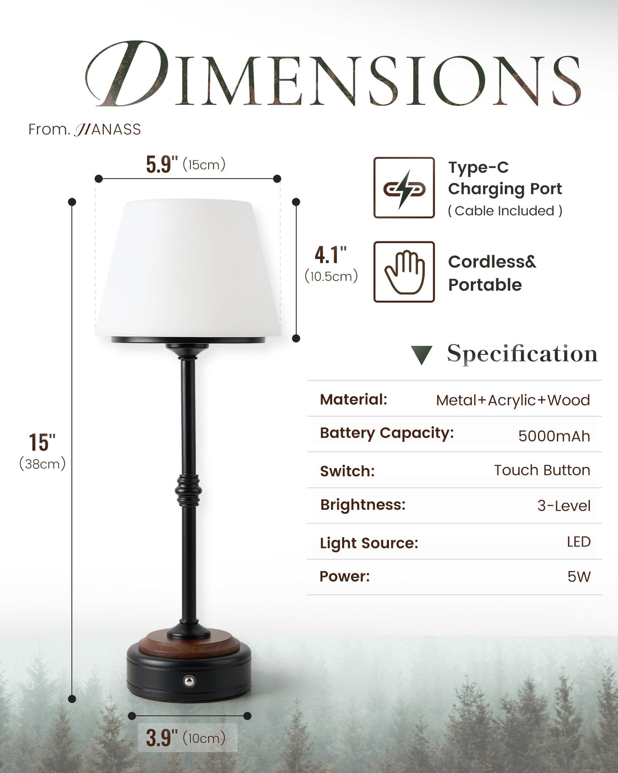 HANASS Cordless LED Table Lamp, Black Desk Lamp with Solid Wood Base, Patio Table Lamp Built-in Rechargeable Battery, 3-Level Brightness Dimmable,Wireless Bedside Night Lamp MT2315 HANASS
