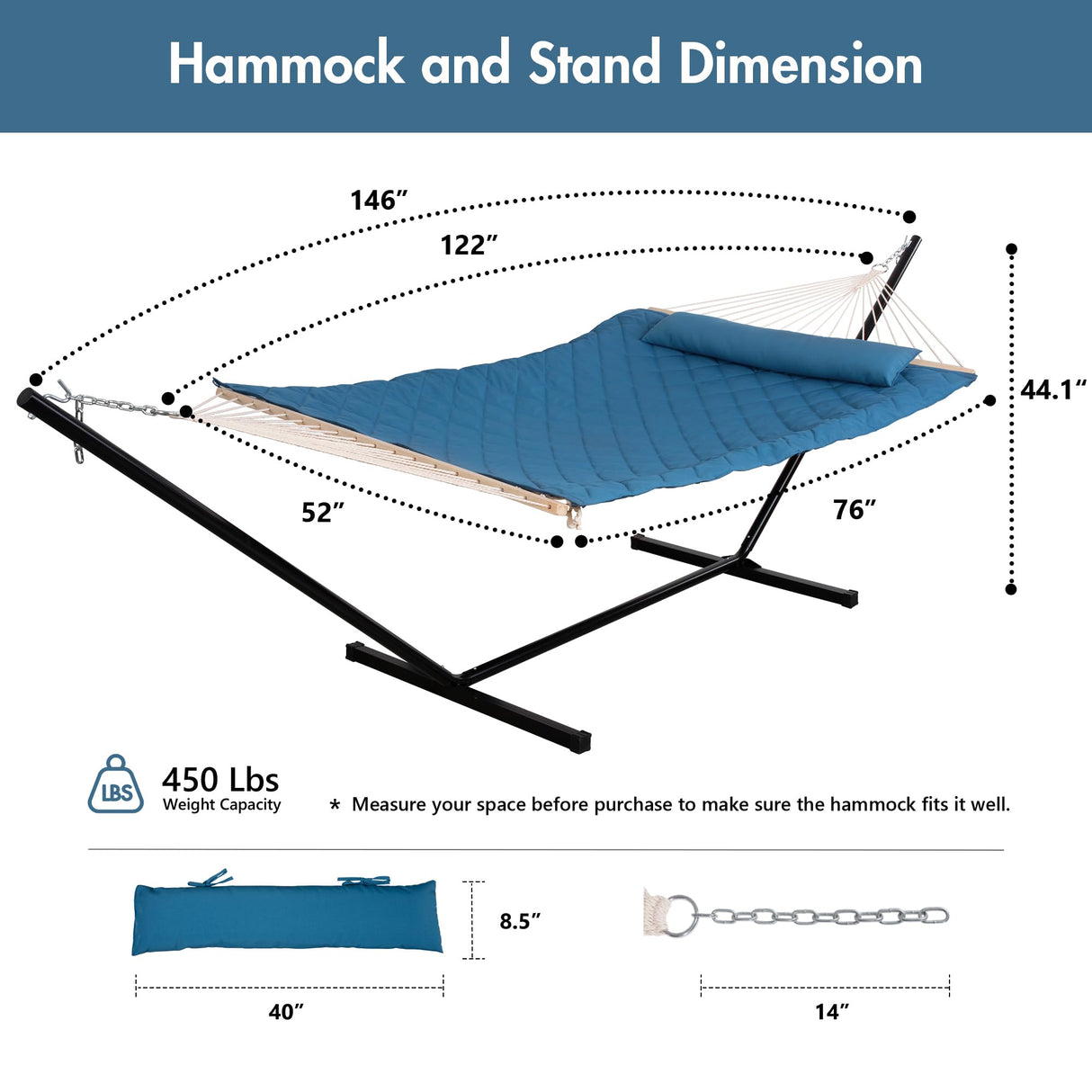 ANOW Double Hammock with Stand Included, Rope Hammock with Detachable Pillow and Pad for Outdoors Indoors, 450 LBS Weight Capacity, Blue ANOW