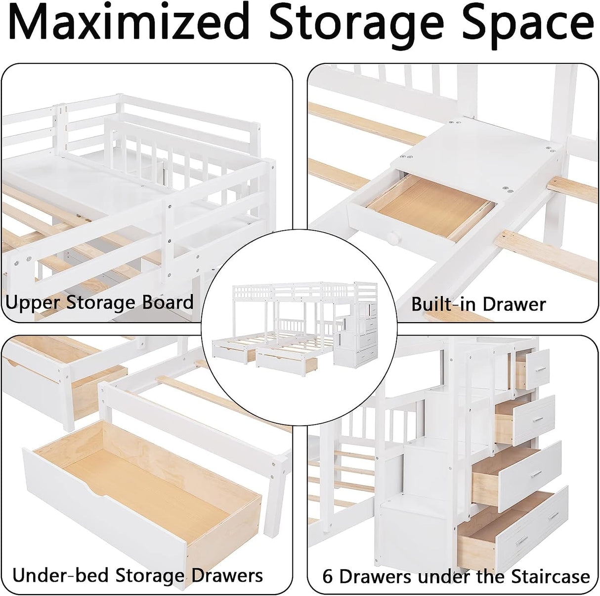 Harper & Bright Designs Triple Bunk Beds with Drawers, Wood Full Over Twin & Twin Bunk Bed with Storage Staircase, Triple Bed for Kids,3 Bed Bunk Beds with Storage for Girls Boys,White Harper & Bright Designs