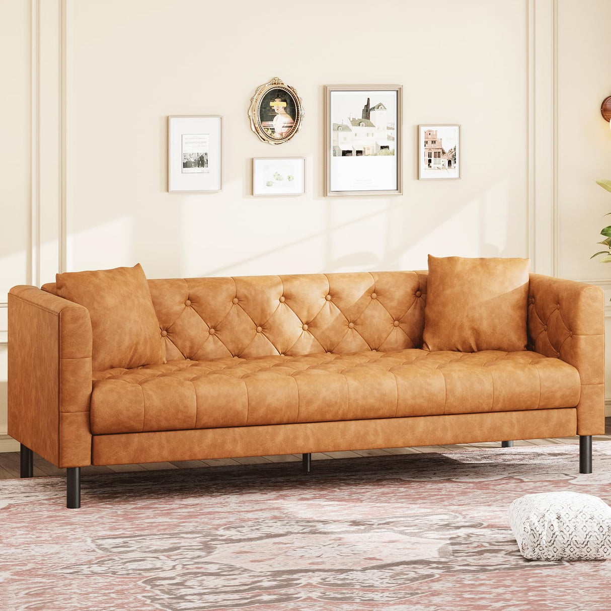 GarveeHome 81 in Leather Couch for Living Room, Modern Leather Sofa with Deep Seat, Handmade Button Tufted 3 Seater Sofa, Chesterfield Couch for Apartment, Office, Cognac Tan GarveeHome