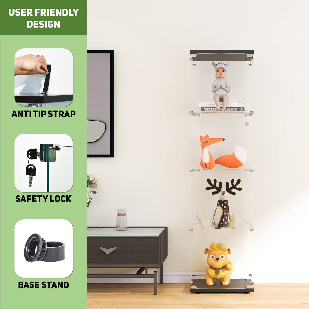 Beauty4U Glass Display Cabinet with 4 Shelves, Curio Cabinets for Living Room, Bedroom, Office, Black Floor Standing Glass Bookshelf, Quick Installation Beauty4U