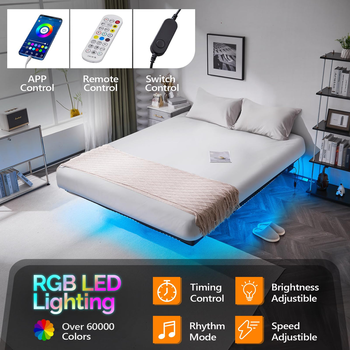 VINGLI King Floating Bed Frame with USB Charging & LED Lights - Heavy Duty Metal Platform, No Box Spring Needed VINGLI
