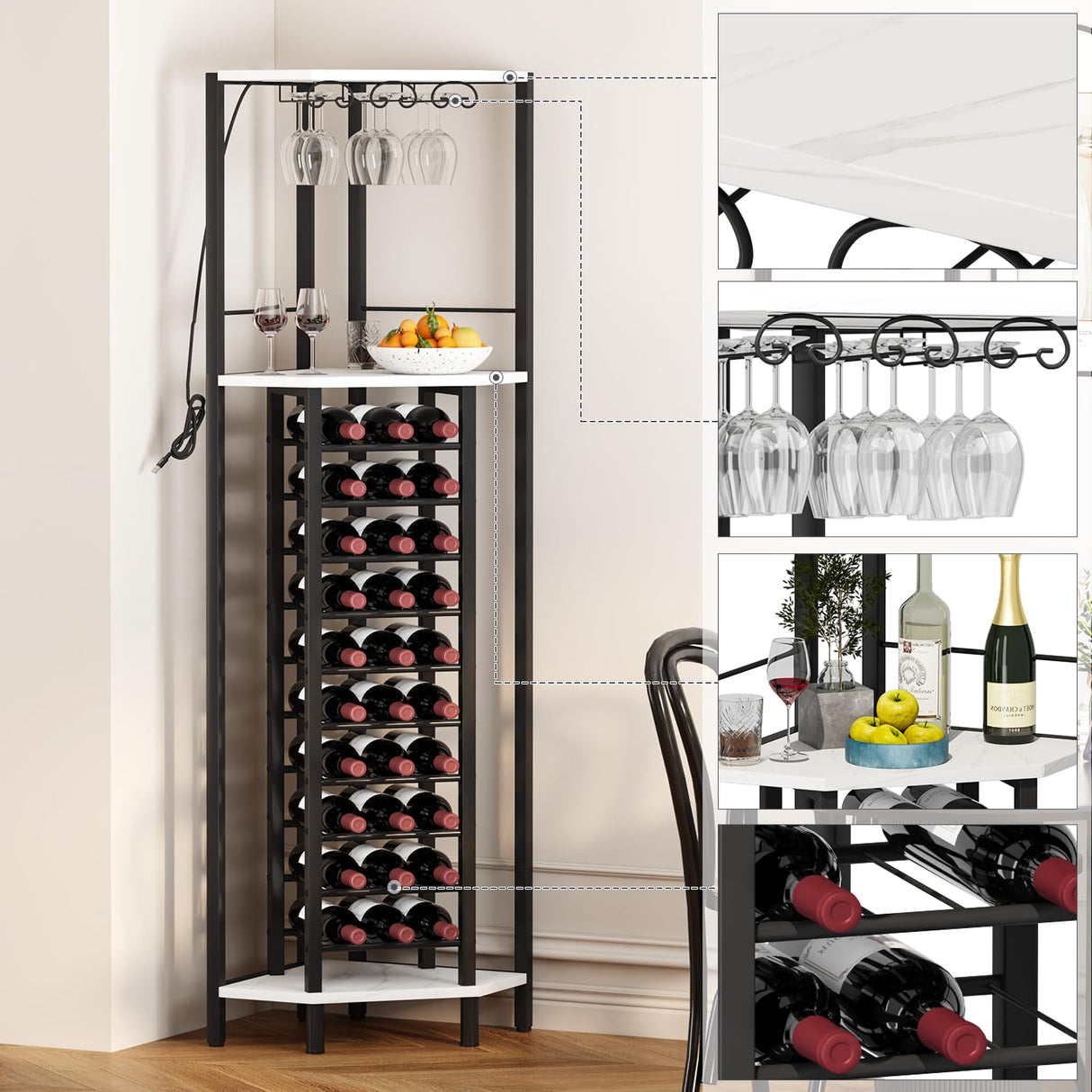 Homeiju Corner Wine Rack with Glass Holder and Led Strip Light, Corner Bar Wine Racks Freestanding Floor, Industrial Corner Bar Cabinet for Kitchen, Dining Room, Living Room or Cellar Homeiju