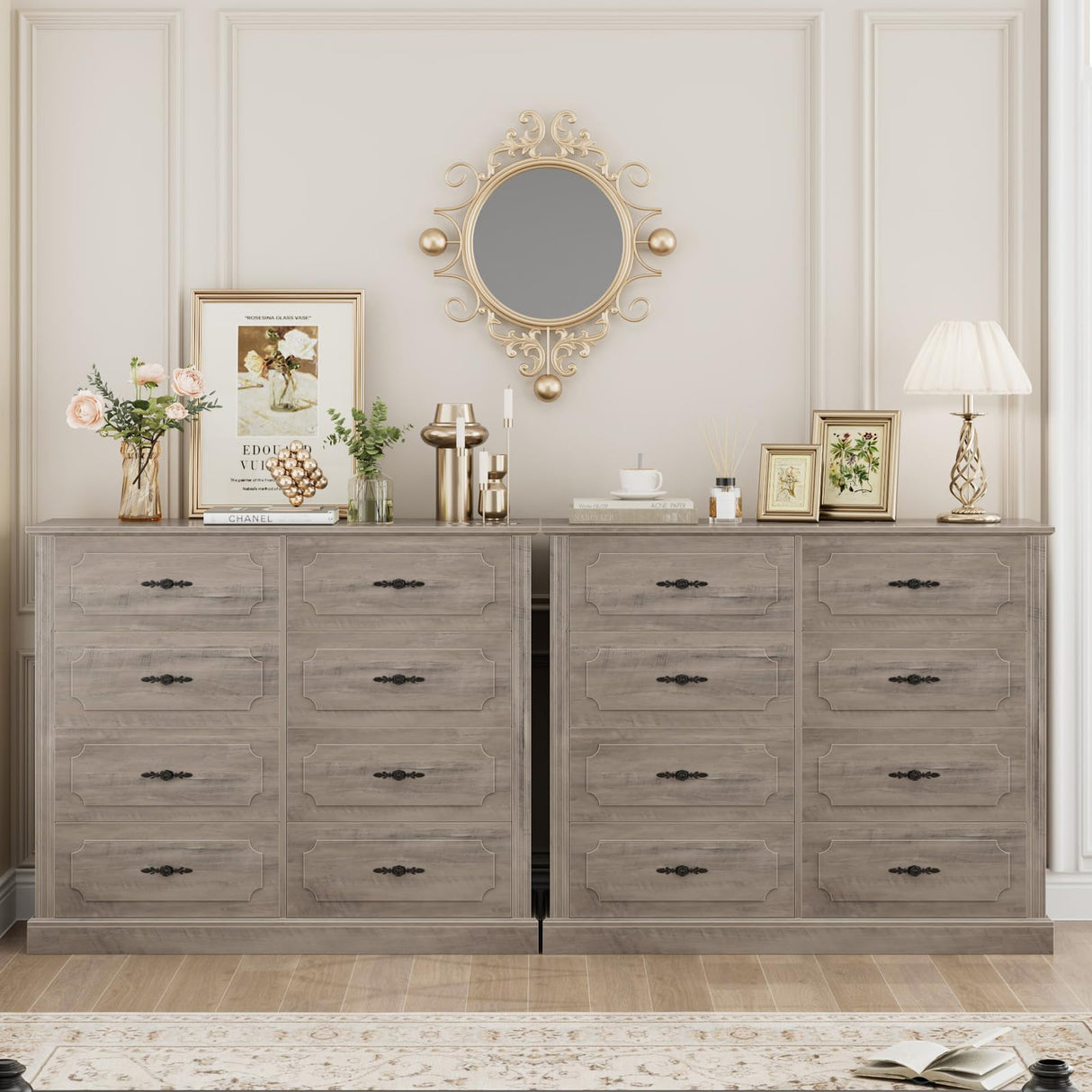 finetones Grey Dresser Chest of Drawers, Farmhouse Dresser Wood Dresser 8 Drawer Dresser with Steel Handles, Modern Dresser Drawers Floor Storage Cabinet for Living Room Hallway Office finetones