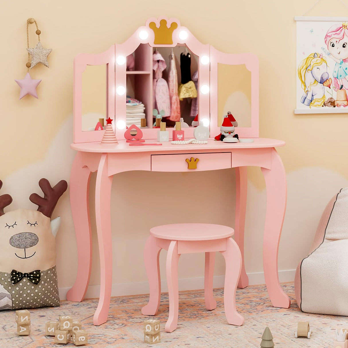 Costzon Kids Vanity with Lights, Girls Vanity Set with Mirror and Stool, Drawer, 2 in 1 Princess Makeup Desk Dressing Table, Toddler Vanity, Pretend Play Kids Vanity Table and Chair Set (Pink) Costzon