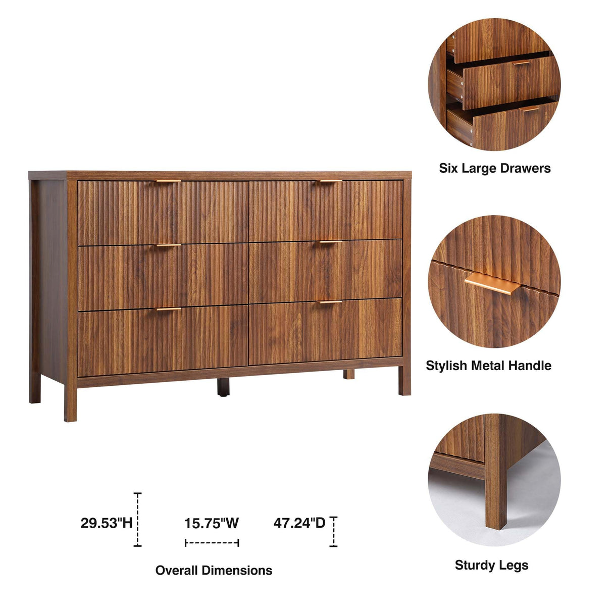 XUZENEST Fluted 6 Drawer Double Dresser for Bedroom, 47" Wide Modern Closet Dressers Chest of Drawers, Wood Storage Dresser Organizer for Nursery Bedroom Living Room Hallway Closet, Walnut XUZENEST