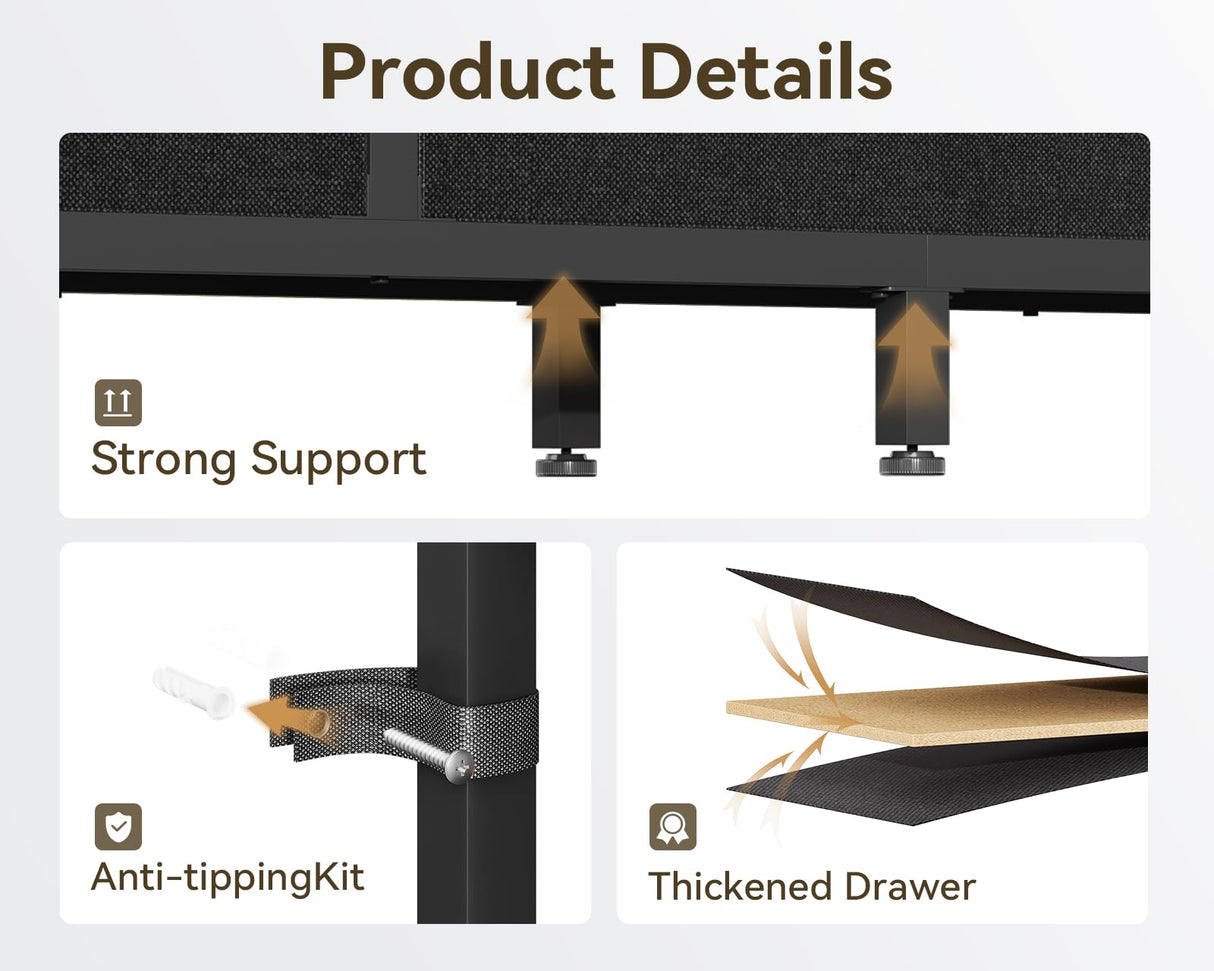 Casaottima 71" TV Stands for 43, 50, 55 Inch TV Entertainment Center with LED Lights and Power Outlets, TV Stand for Living Room with 5 Fabric Drawers & Shelf, TV Console Cabinet for Bedroom, Black Casaottima