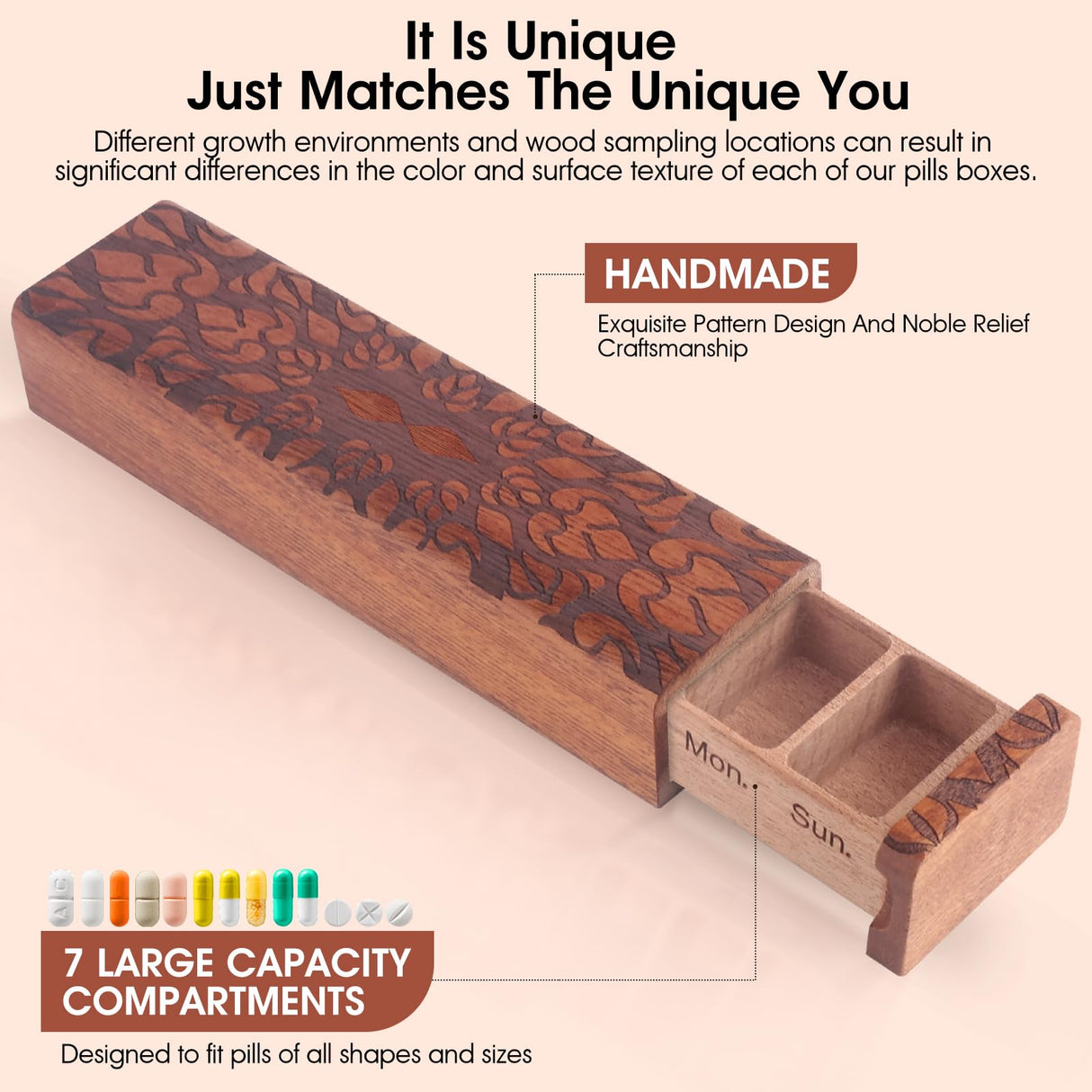 OYTKWU Wooden Weekly Pill Organizer - 7 Day Pill Box, Safe Travel Container, Perfect for Tracking Weekly Medication (Brown) OYTKWU
