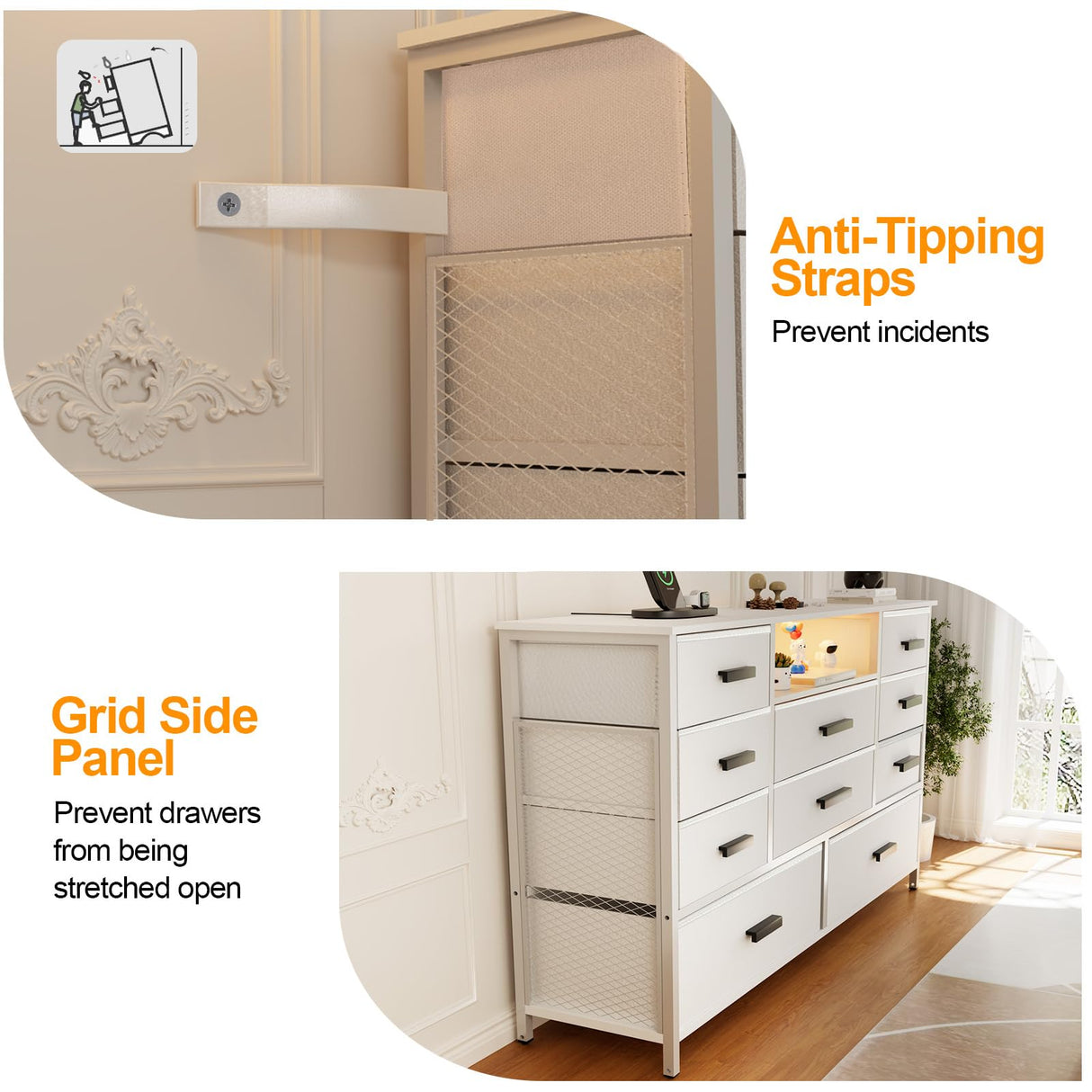 Harpaq White Dresser for Bedroom with 10 Drawers, Dresser with Charging Station, TV Stand Dresser with LED Light for 55" TV, Fabric Drawer Dresser with PU Finish, Chest Dresser for Bedroom, Closet Harpaq