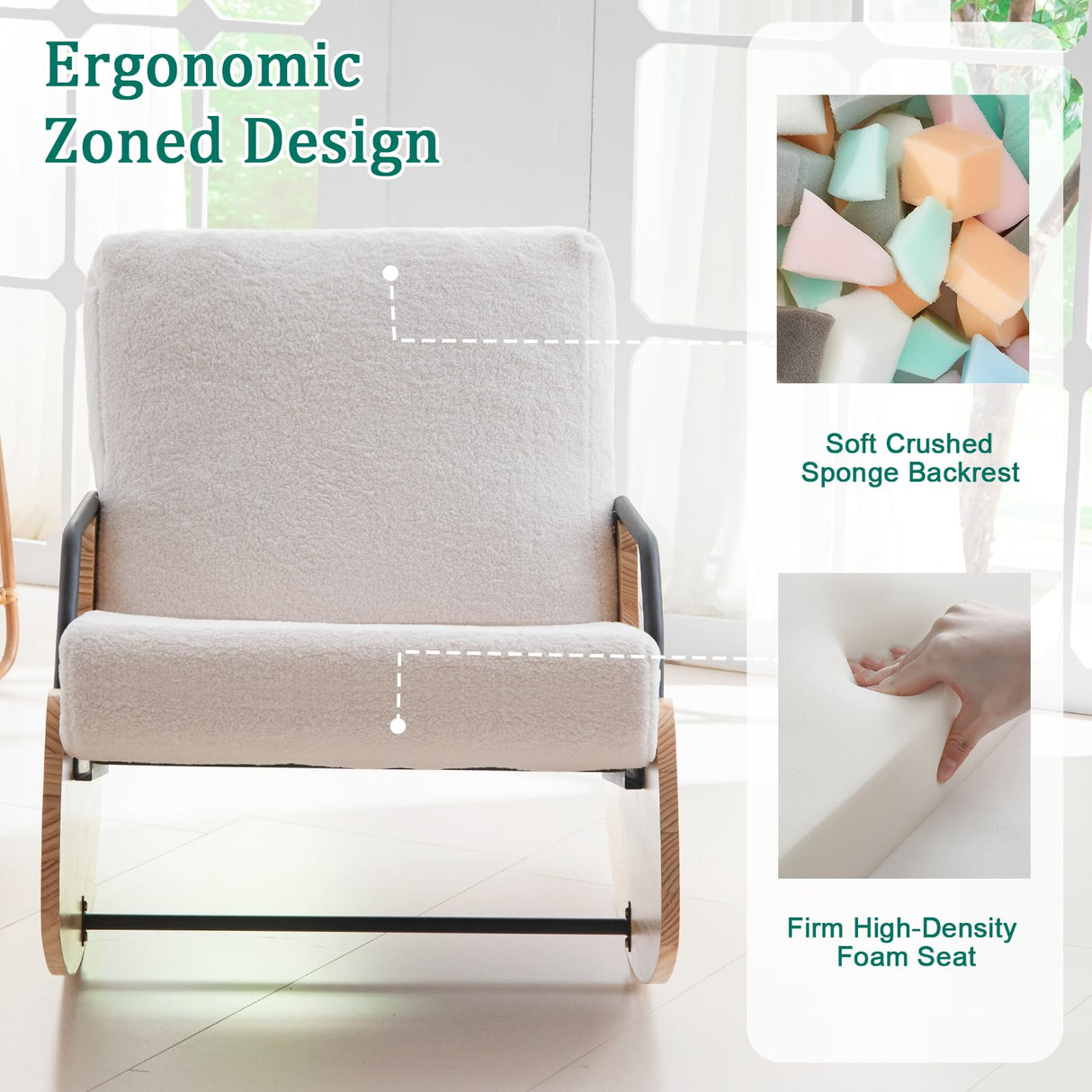 YOSHOOT Indoor & Outdoor Patio Rocking Chair, Outdoor Glider Recliner Chair, Wooden Boucle Rocking Chair, Outdoor Rocker Chair, Adjustable Backrest, for Outdoor Living Room Bedroom Office Garden YOSHOOT