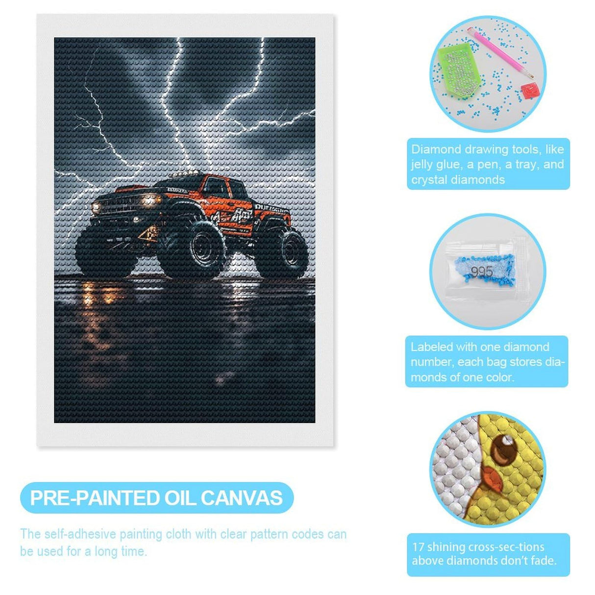 Monster Truck Black Sky Lightning Roar 5D Diamond Painting Kits for Adults Beginners DIY Diamond Art Kit Large Gem Painting Full Round Drill Diamond Dots Gem Art Crafts for Home Wall Decor Gifts 8"x12 QMNBTES