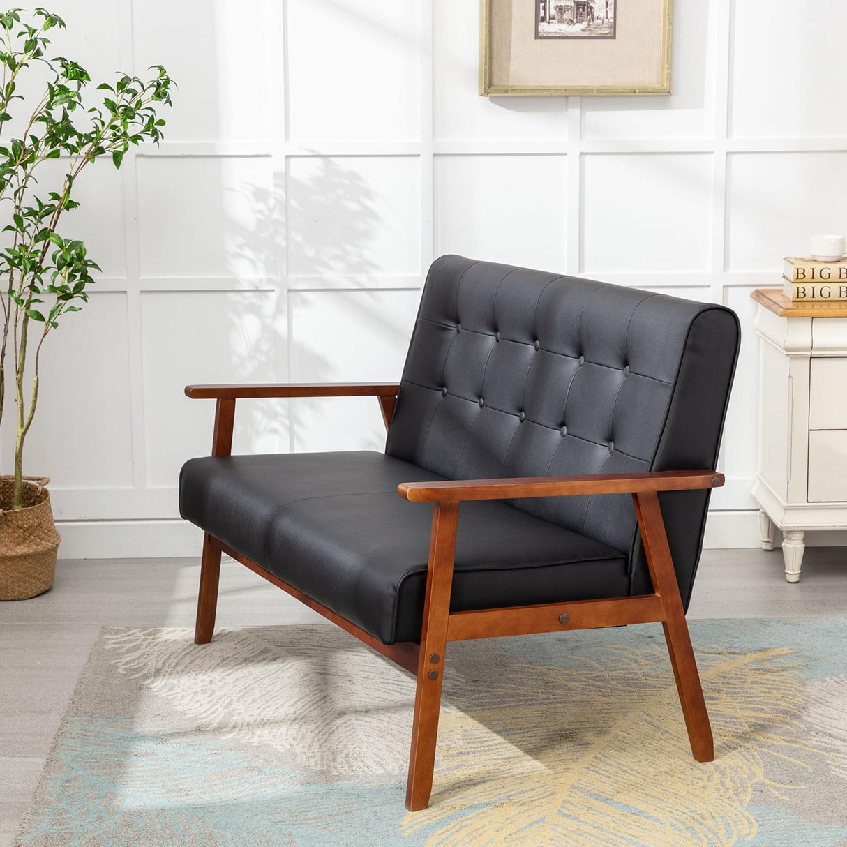 JIASTING Mid-Century Modern Solid Loveseat Sofa Upholstered Faux Leather Couch 2-Seat Wood Armchair Living Room/Outdoor Lounge Chair, Waiting Room Sofa, 50”W JIASTING