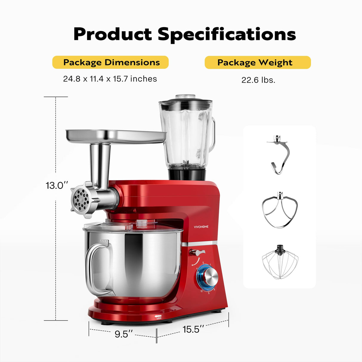 VIVOHOME 6 in 1 Multifunctional Stand Mixer with 8.5 Quart Stainless Steel Bowl, 660W 10 Speed Tilt-Head Meat Grinder, Juice Blender, Vegetable Slicer, Pasta and Cookie Maker, Red VIVOHOME