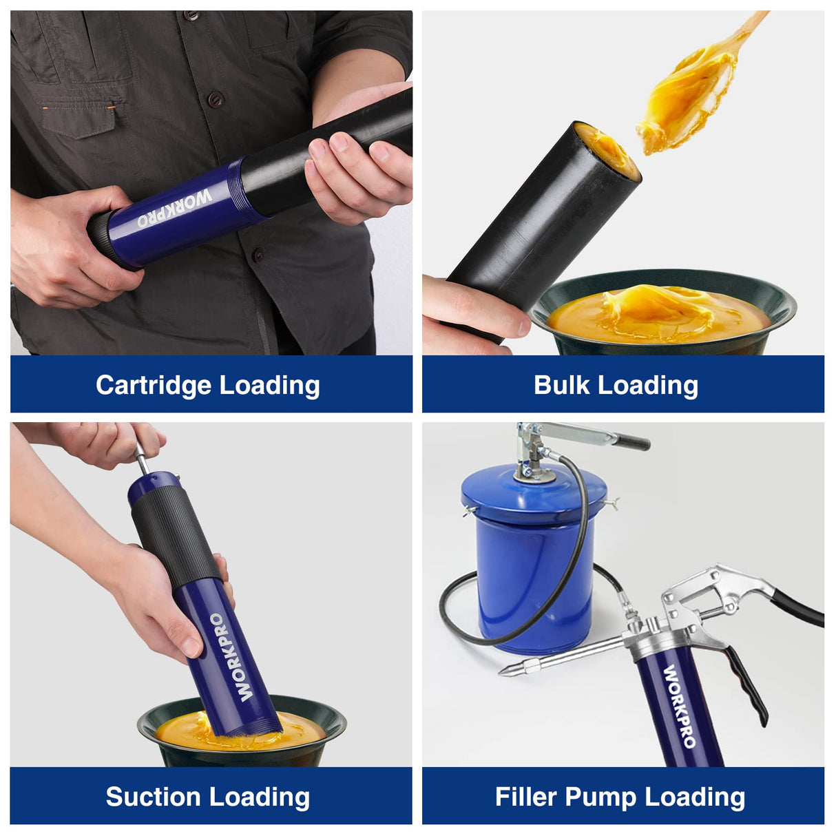 WORKPRO Grease Gun Kit, 6000PSI Heavy Duty Grease Gun with 18inch Flexible Hose, 2 Fixed Tubes and 3 Nozzles, 14oz Load WORKPRO