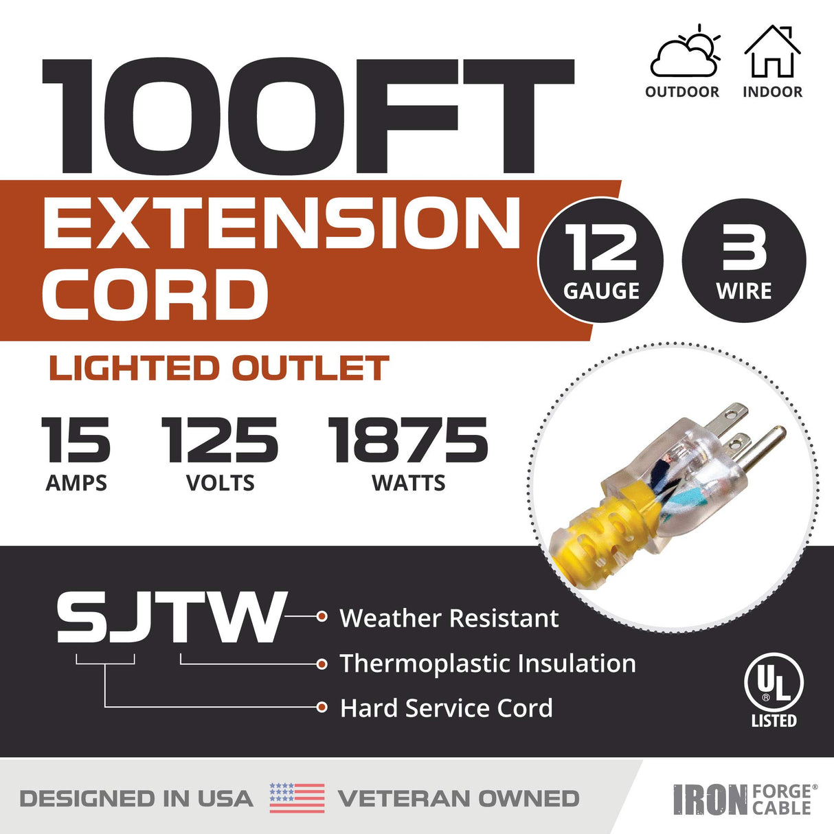IRON FORGE CABLE 100 Foot Outdoor Extension Cord - 12/3 SJTW Heavy Duty Yellow 3 Prong Extension Cable, 15 AMP - Great for Garden and Major Appliances IRON FORGE CABLE