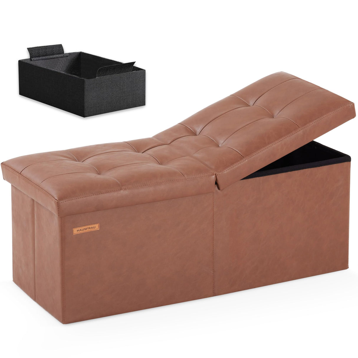 HAUSFRAU 31.5 Inches Ottoman with Storage Bench, Folding Ottoman Bench Small Foot Rest Stool, Bedroom Bench with Flipping Lid, Faux Leather Retro Brown HAUSFRAU